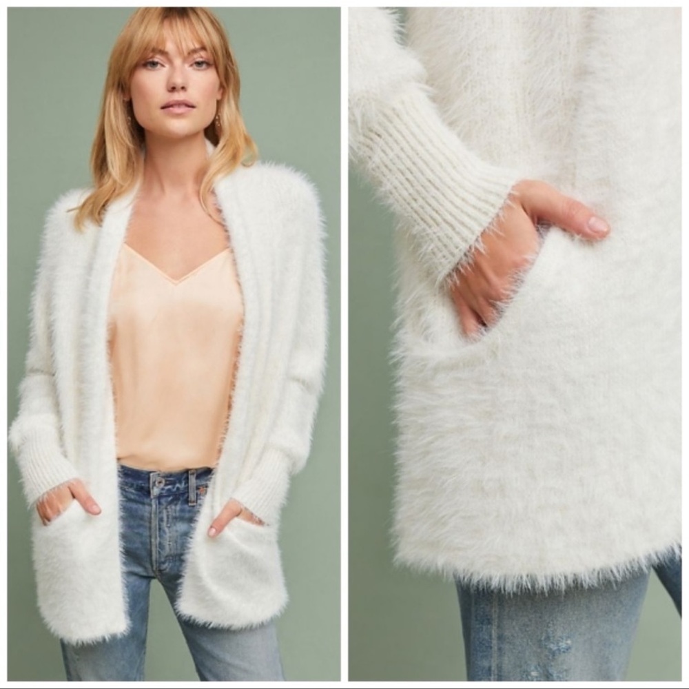 ANTHROPOLOGIE KNITTED & KNOTTED IVORY POCKETED EYELASH CARDIGAN